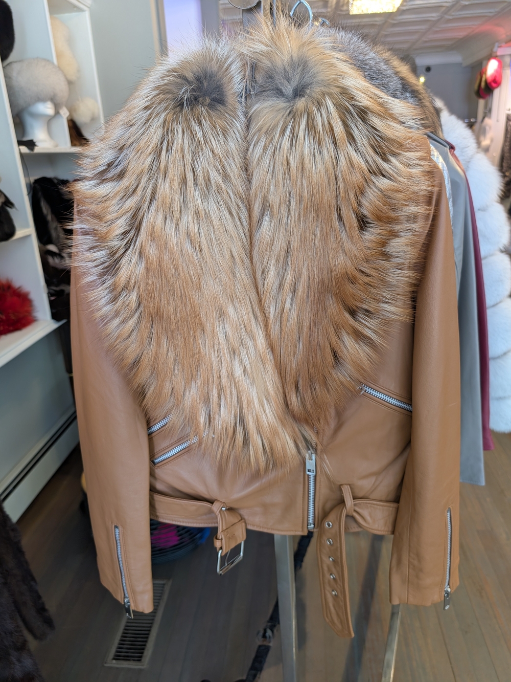 Tan Leather Jacket Motor Cross with Natural Red Fox  Fur Collar